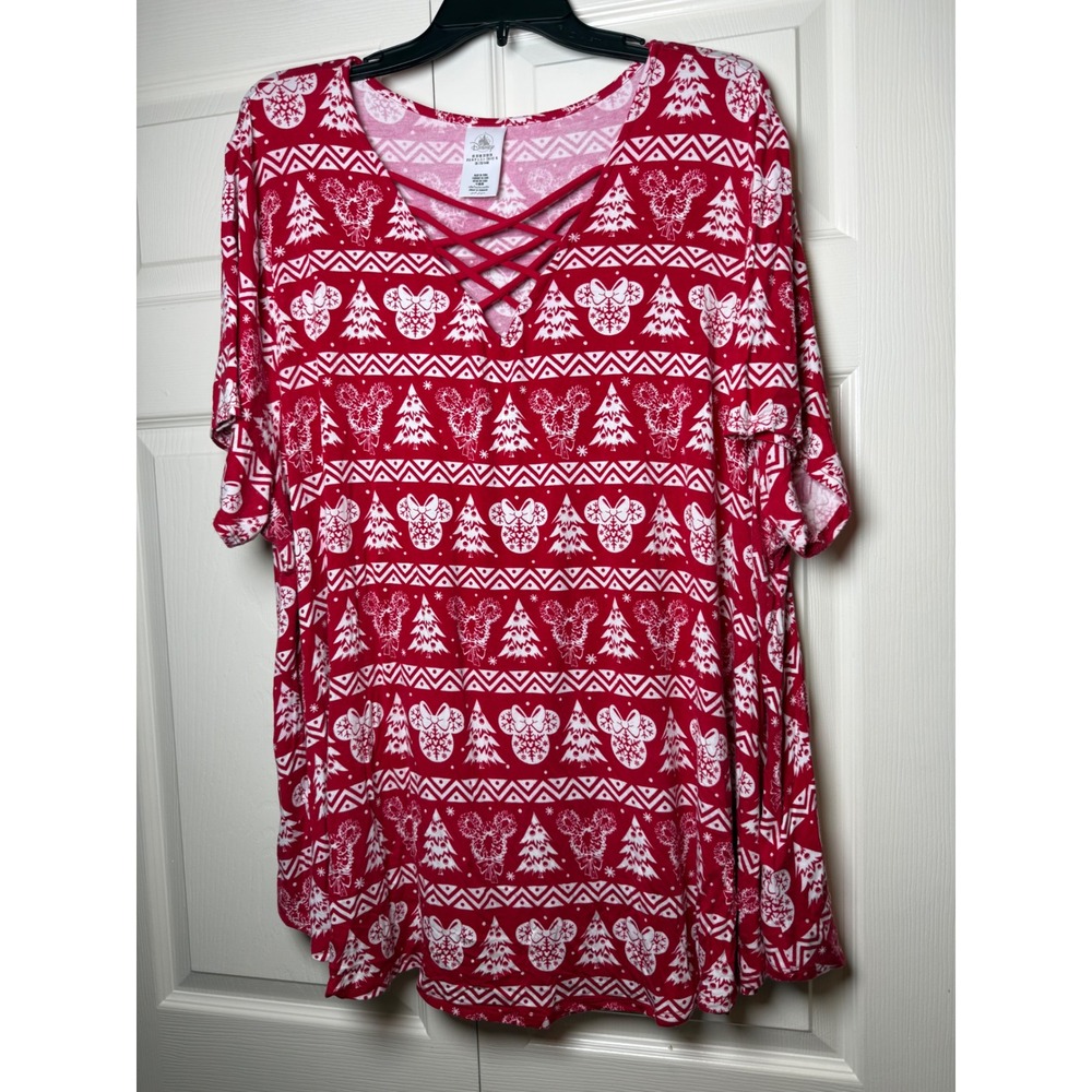Disney Parks Minnie Mouse Christmas‎ Fair Isle Lattice V-Neck Tunic Top Red 3X
